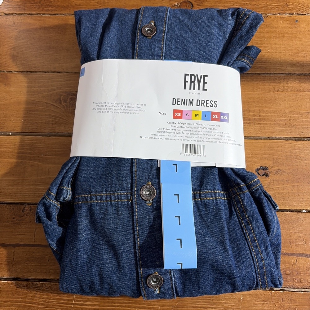 Frye Denim Dress Wmn Large Blue Cinch Waist Pockets Button Front Cottagecore NEW - Picture 4 of 7